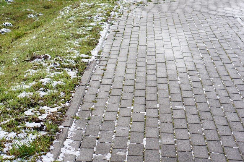 closeup-shot-stone-pavement-made-blocks-grass-winter_181624-42753